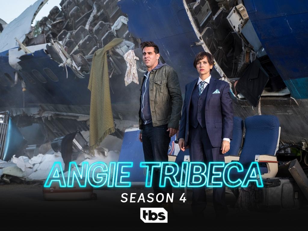 Angie Tribeca Season 4 promotional image with two characters in front of a crashed plane